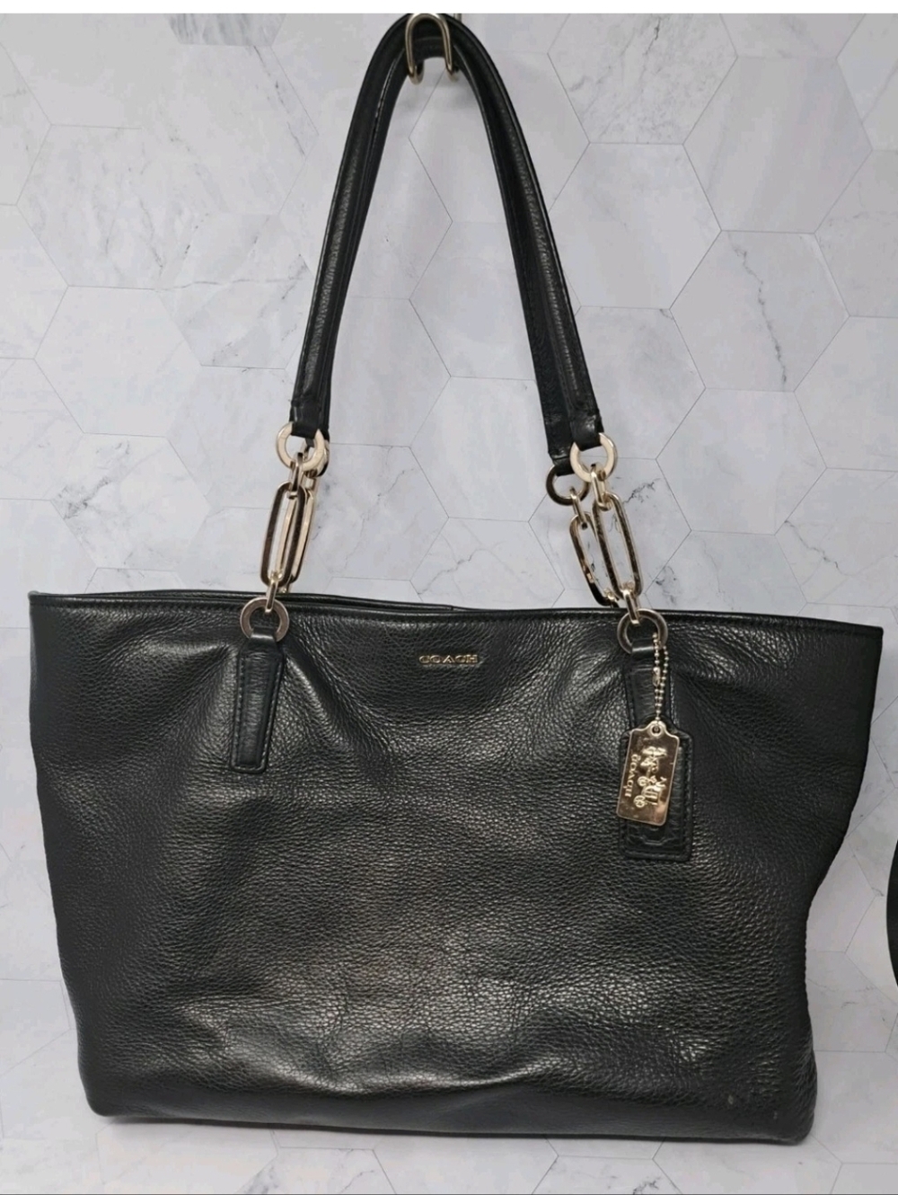 Coach Madison Black Pebbled leather North South Large Tote Bag 16 1/2x10"